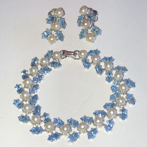 E. Bastheim Company E.B. Signed Vintage Silver Tone Blue CZ Faux Pearl Set